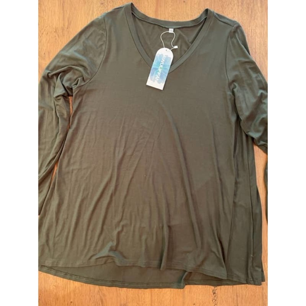Army Green V-Neck Swing LS Tee - 2X
